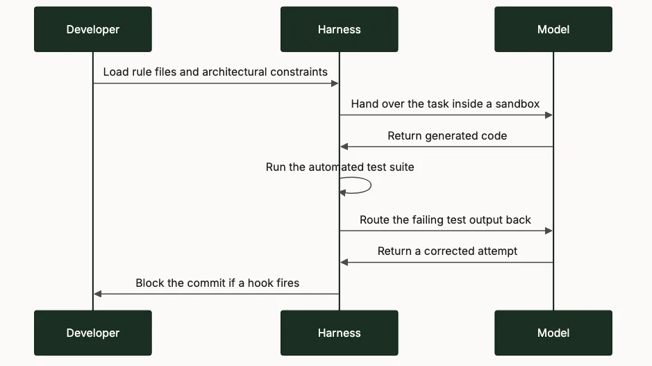 Sequence diagram: the harness sandboxes the model, runs tests, routes failures back, and blocks commits via hooks.