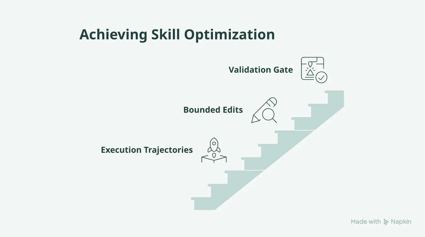 Flowchart illustrating the SkillOpt process for optimizing agent skills.