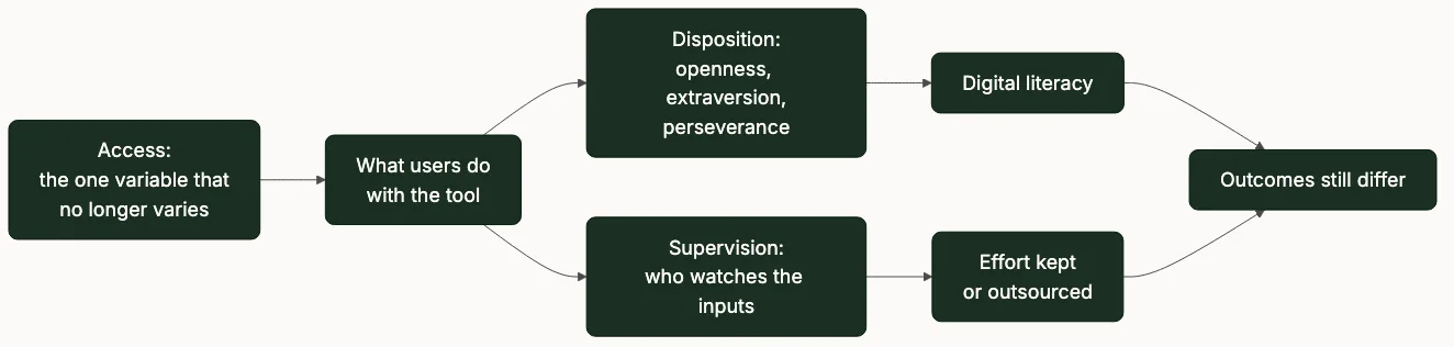 Flow from flat access to what users do with the tool, split into disposition and supervision, ending in outcomes that still differ.