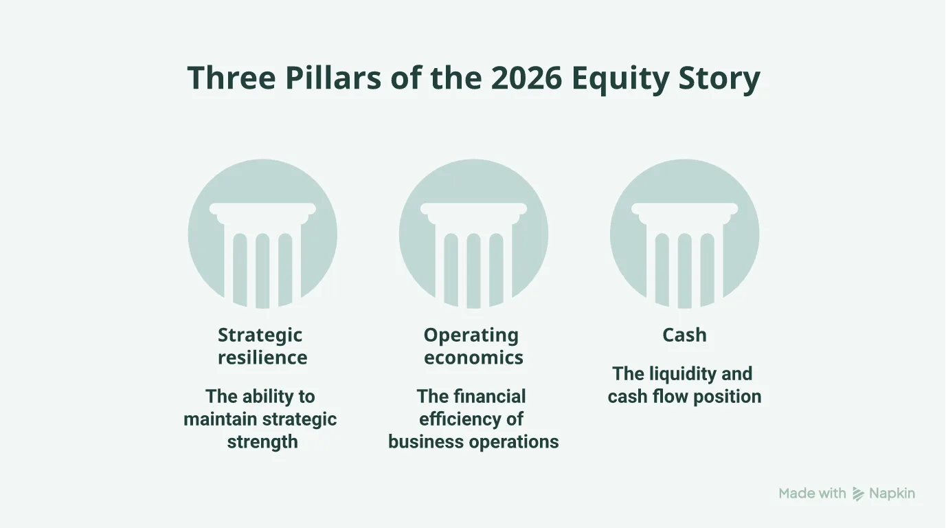 Hierarchy diagram showing the three pillars: resilience, economics, and capital discipline.