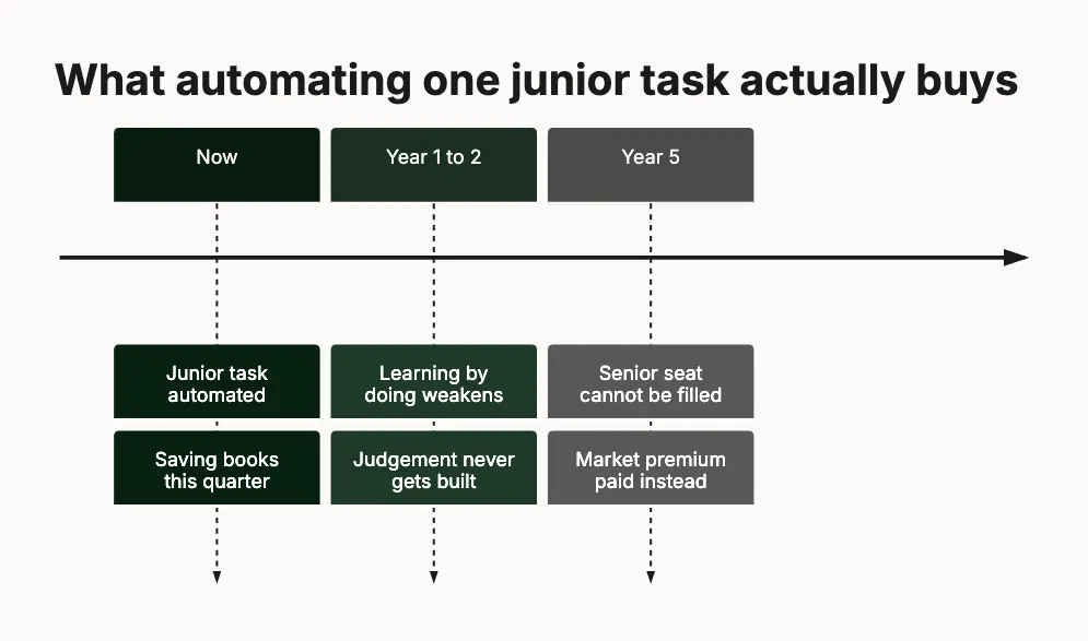 Timeline from a junior task automated today, through learning by doing weakening, to a senior seat that cannot be filled in year five.